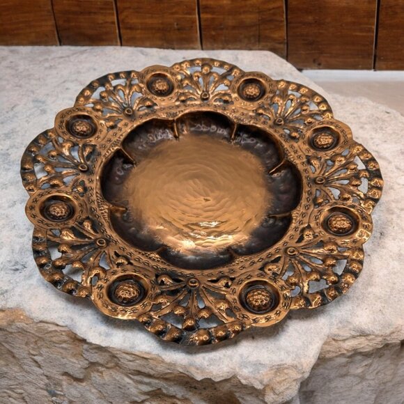 Antique Hand Hammered Copper Victorian Charger Bowl Wall Art - 12 Inches